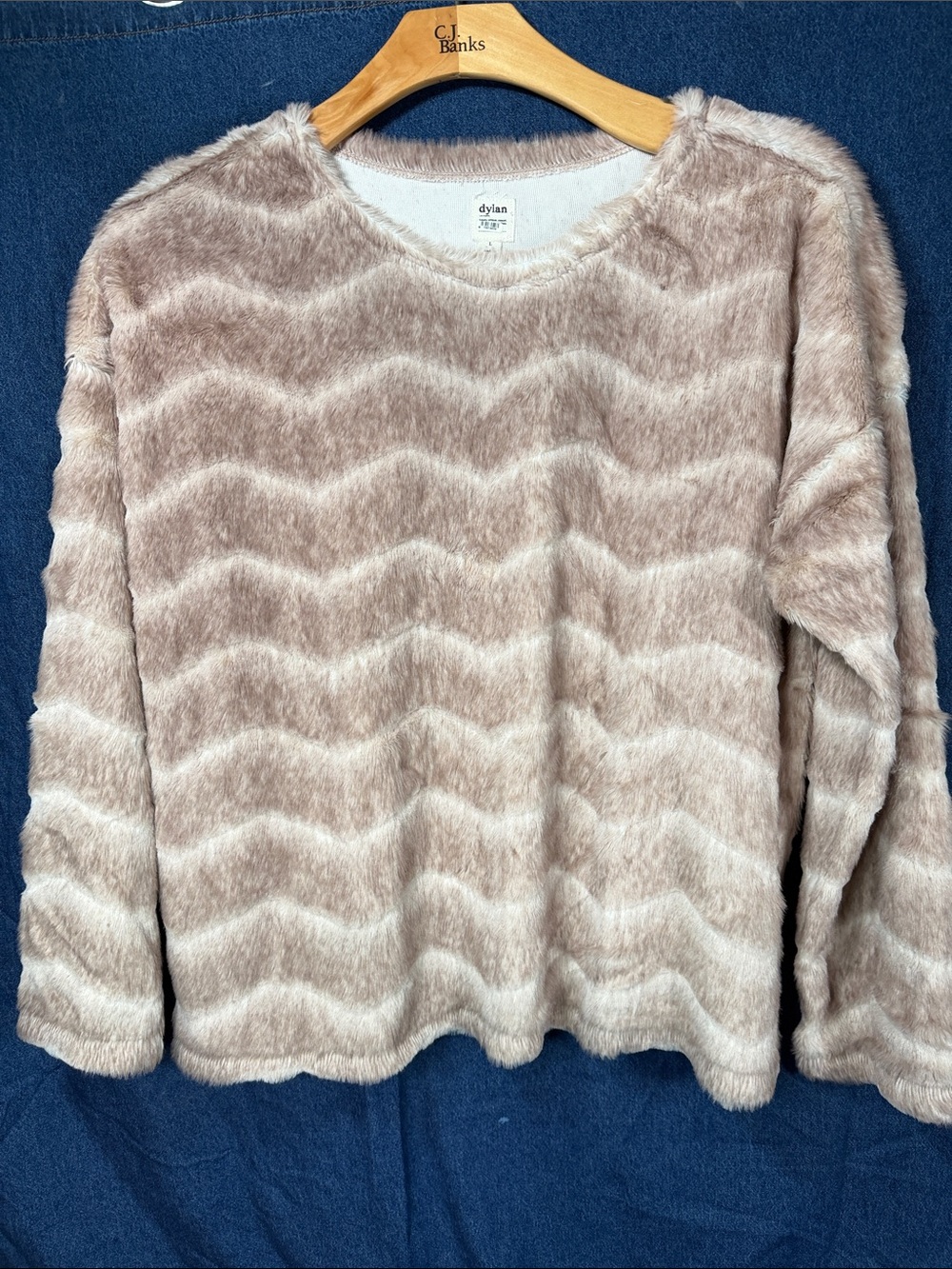 dylan Plush Faux-Fur Wave-Stripe Pullover in Light Taupe